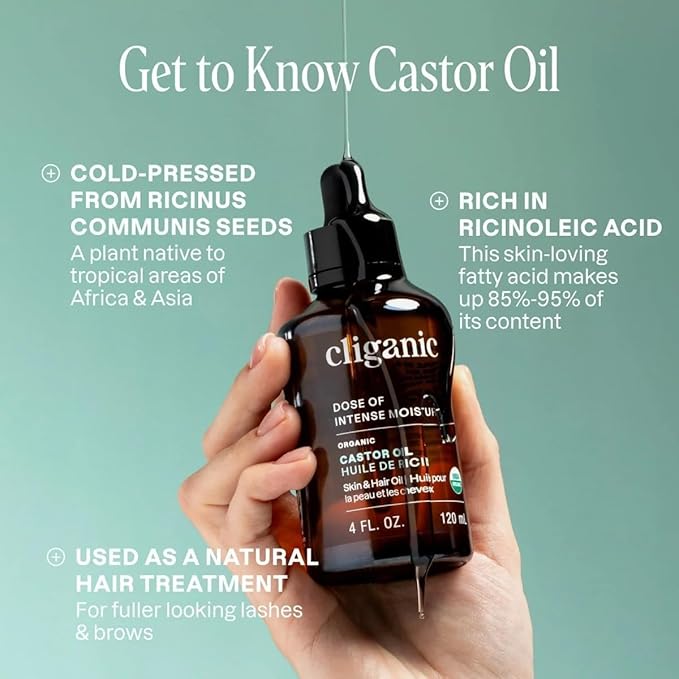 Cliganic Organic Castor Oil, 100% Pure (8oz with Eyelash Kit) - For Eyelashes, Eyebrows, Hair & Skin | Natural Cold Pressed Unrefined Hexane-Free (Packaging May Vary)