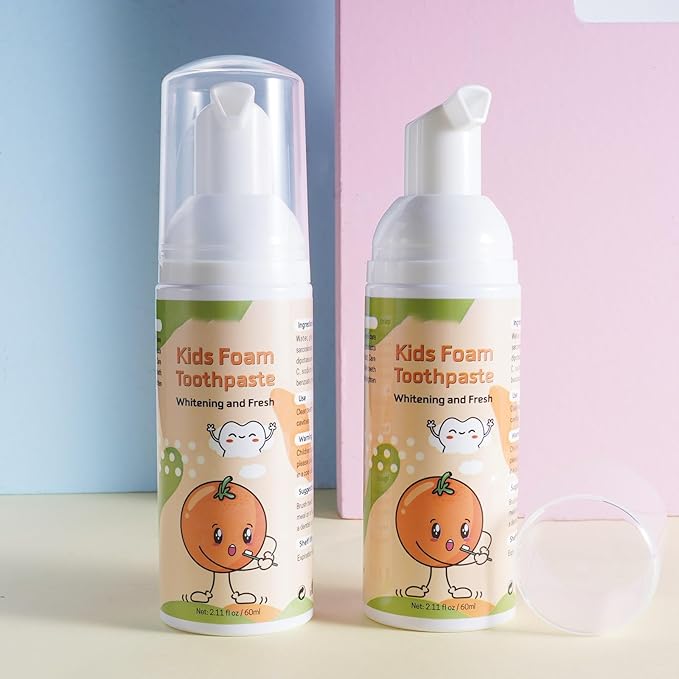 Foam Toothpaste Kids 2PCS, Toddler Toothpaste Cavity Protection, Clean and Whitening, 360ºCare, Portable, Kids Foam Toothpaste with Fluoride for Electric & U-Shape Toothbrushes (Orange)