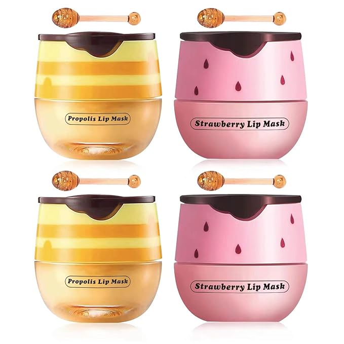 4 Pcs Strawberry & Honey Lip Balm, Vitamin E Lip Masks Moisturizing Propolis Sleeping Lip Mask, Hydrating & Prevention Dry and Cracked Lip Scrubs Exfoliator (2 Pack Strawberry + 2 Pack Honey)