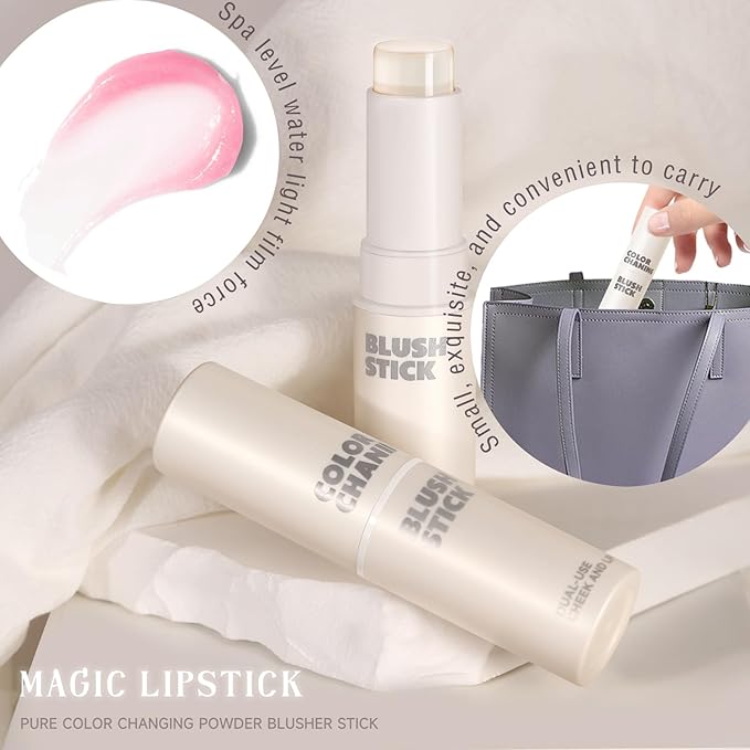 2PCS Color Changing Blush Stick for Cheeks Makeup,Clear Blush PH Temperature Change Magic Pink Cream Blusher Waterproof Multi-Use Lips and Face Tint,Matte Finish Natural Lightweight Jelly
