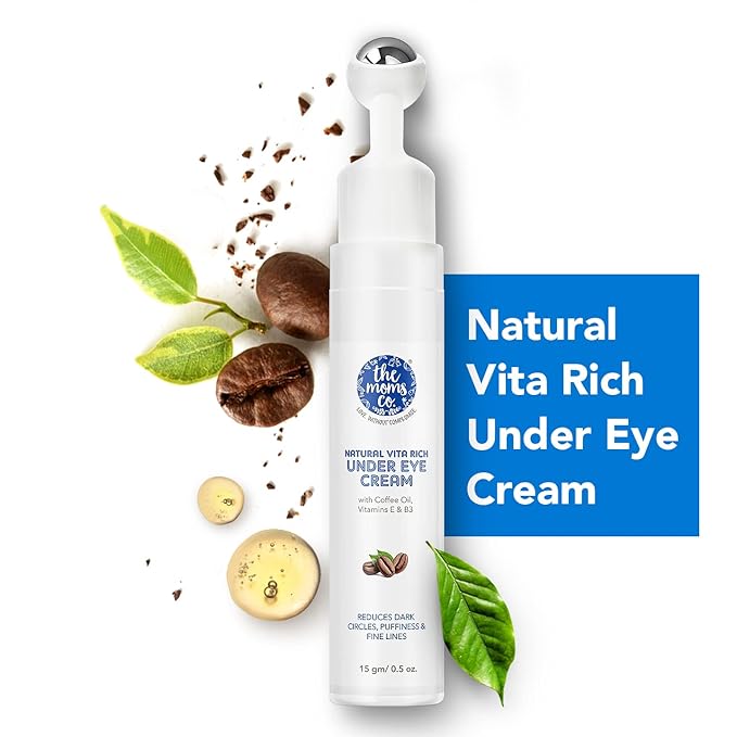 The Moms Co. Natural Vita Rich Under Eye Cream for Dark Circles and Puffiness for Women, Suitable for Delicate Skin Under Eye Area, Soothing Massage Roller with Coffee Oil, Vitamins E & B3, 15 gm