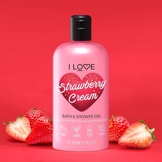 I LOVE Strawberries and Cream Bath and Shower Cream - Hydrating Body Wash and Bubble Bath - with Natural Fruit Extracts and Provitamin B5-16.9 oz