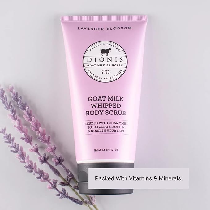 Dionis Goat Milk Skincare Lavender Scented Whipped Body Scrub & Lotion Gift Set - Gentle Chamomile Blended Exfoliating Sugar Scrub & Hydrating Body Cream Set, 6 oz & 8.5 oz