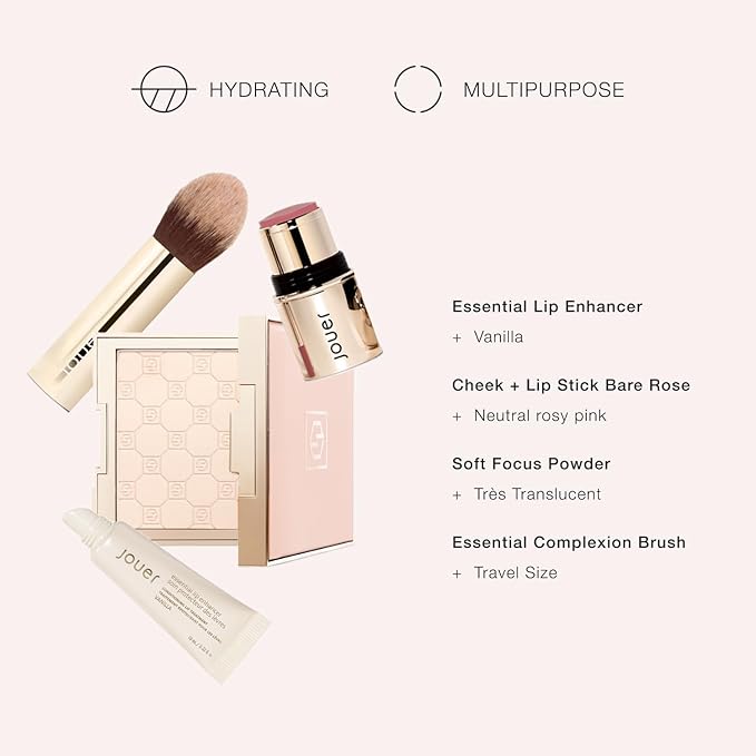 Jouer Les Must-Haves Gift Set - Translucent Setting Powder, Makeup Brush, Cream Blush & Lipstick Stick, and Lip Plumper Makeup Set - Valued at $99