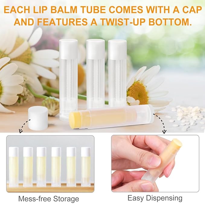 LotFancy Lip Balm Tubes with Filling Tray and Spatula, 50Pcs 5.5ml (3/16 Oz) Clear Lip Balm Containers with White Caps, BPA Free & Leak Free Lip Balm Making Kit