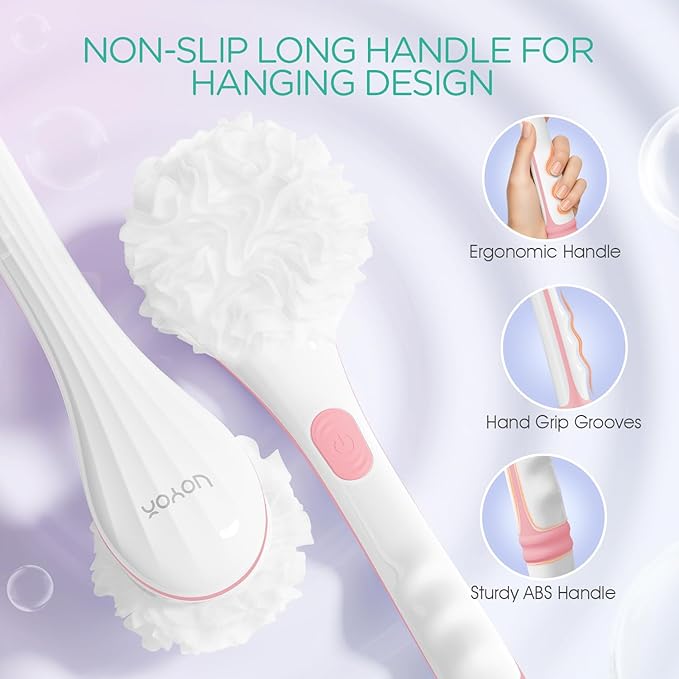 VOYOR Electric Body Brush Back Scrubber for Shower Rechargeable Exfoliating Bath Brush Powered Shower Brush with Non-Slip Long Handle Deep Cleansing, Exfoliation, Massaging Spin Brush BC100 (Pink)
