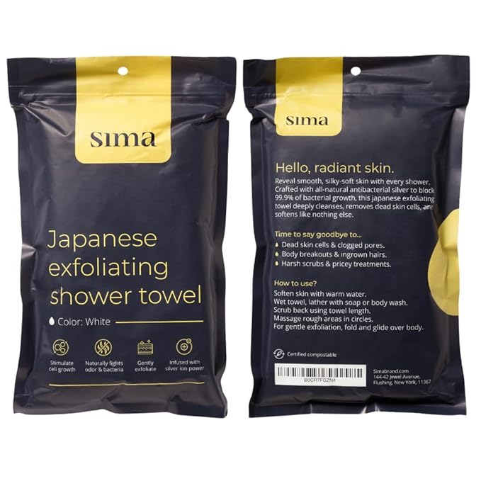 Exfoliating Washcloth Face & Body Scrub Towel - Japanese Exfoliating Towel with Hexagon Fibers, Body Scrubber with 2 Sides for Scrubbing & Washing, Extra Long Body Towel (White)