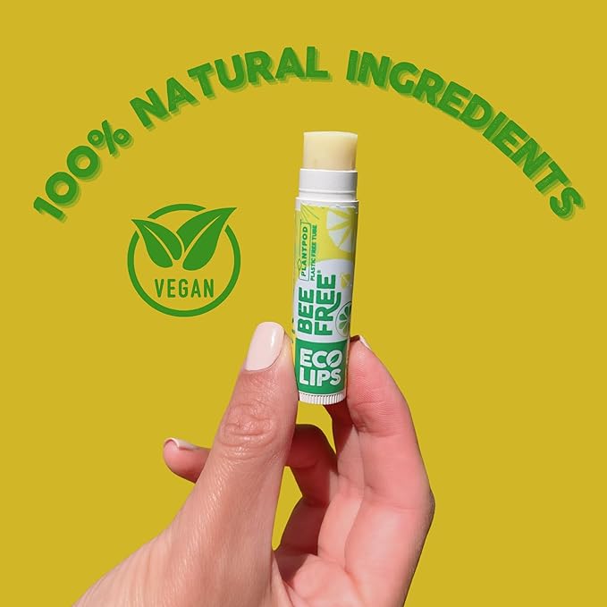 Vegan Lip Balm Lemon Lime Flavor 3 Pack - Bee Free with Candelilla Wax, Cocoa Butter & Coconut Oil Lip Care. Soothe & Moisturize Dry, Chapped Lips - 100% Plastic-Free Plant Pod Packaging - Made in USA