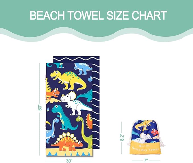 Eunzel Microfiber Kids Beach Towel, Quick Dry Towels for Girls & Boys Sand Free Travel Towel for Beach, Camping, Swim Pool 60"x30",Colorful Dinosaur