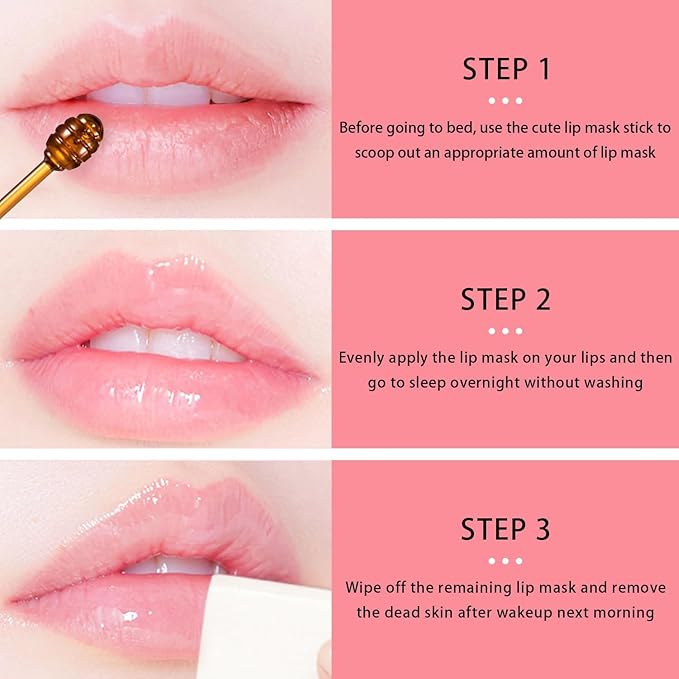 3 PCS Bee Lip Balm Honey Pot, Exfoliating Honey Strawberry Watermelon Lip Mask Overnight with Built-In Brush, Hydrating Prevention Dry and Crack Lip Scrubs Exfoliator Lip Wrinkle Care