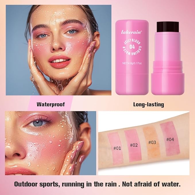Multi-Use Cooling Water Jelly Blush/Lip Tint & Eye Shadow - Sheer Stain withBuildable Watercolor Finish - Long-Lasting Moisture - 1,000+ Swipes Per Stick - Jelly Texture for Lip & Cheek (Poppy Pink)