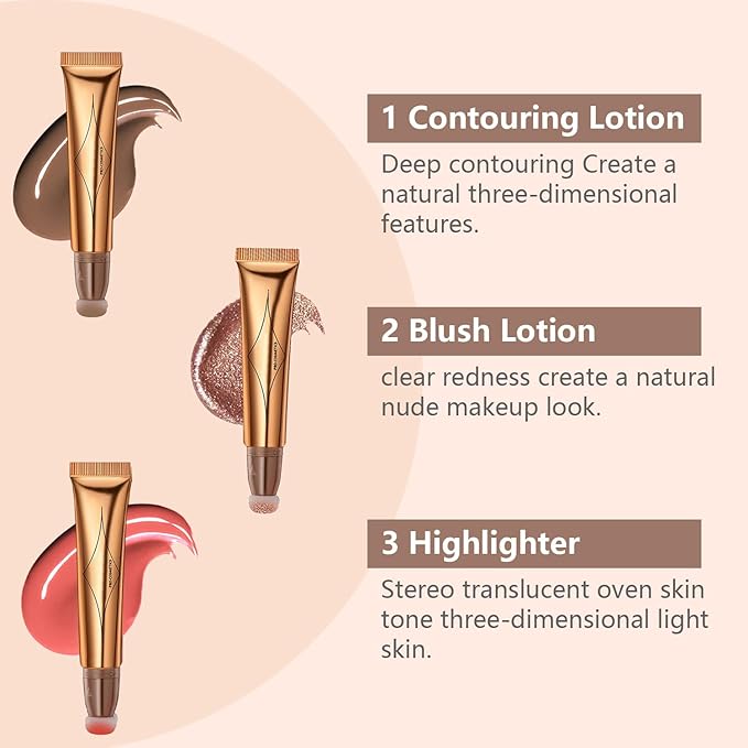Liquid Contour Beauty Wand Set,Blush Liquid Contour Stick Highlighter Makeup With Cushion Applicator,Long Lasting Smooth Natural Matte Finish,Lightweight Blendable Super Silky Cream Sticks (01#03#05)