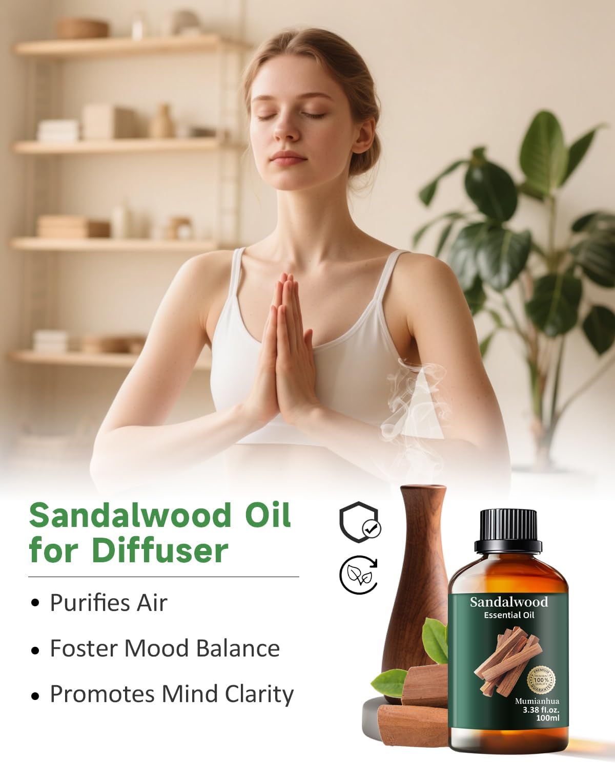 Sandalwood Essential Oil Pure,Mumianhua Natural Sandalwood Oil Undiluted Therapeutic Grade Aromatherapy Oil for Diffuser, Skin, Hair, Massage, Candle & Soap Making 3.38 Fl Oz