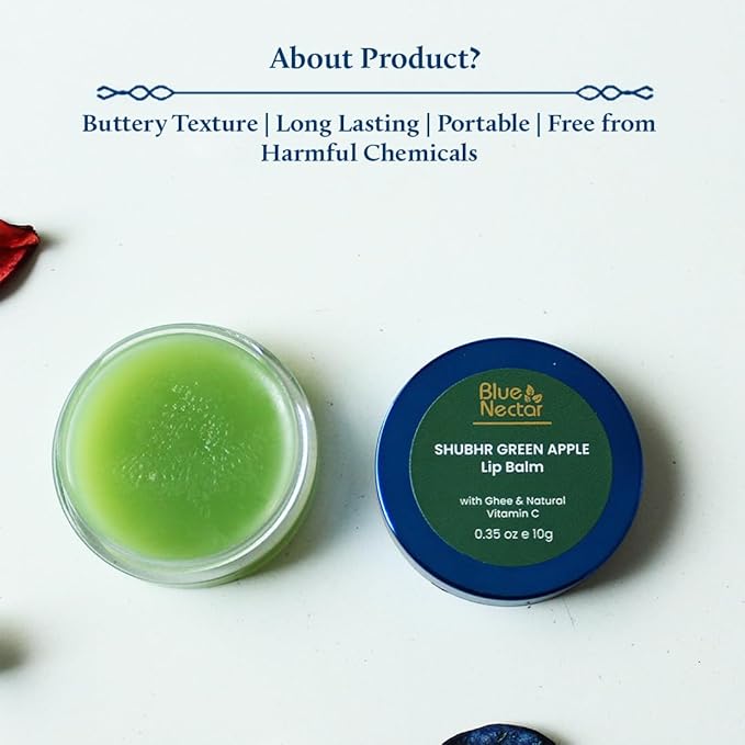 Blue Nectar Shubhr Green Apple Lip Balm & Gloss with Ghee & Natural Vitamin C for dry chapped lips with intense moisturization |100% Ayurvedic | Paraben & Sulphate Free| (0.5 oz,10 Herbs)