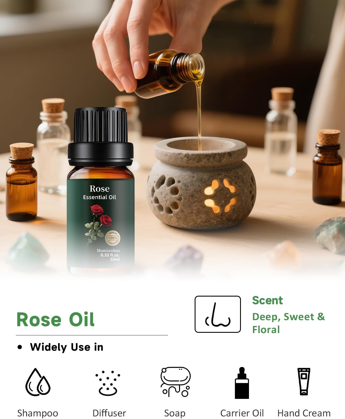 Rose Essential Oil for Skin, Rose Oil Essential Oil Pure - Mumianhua Essential Oils Rose Therapeutic Grade Rose Aromatherapy Oils for Diffuser, Hair, Soap Making, Candles Making, Perfume 10 ml