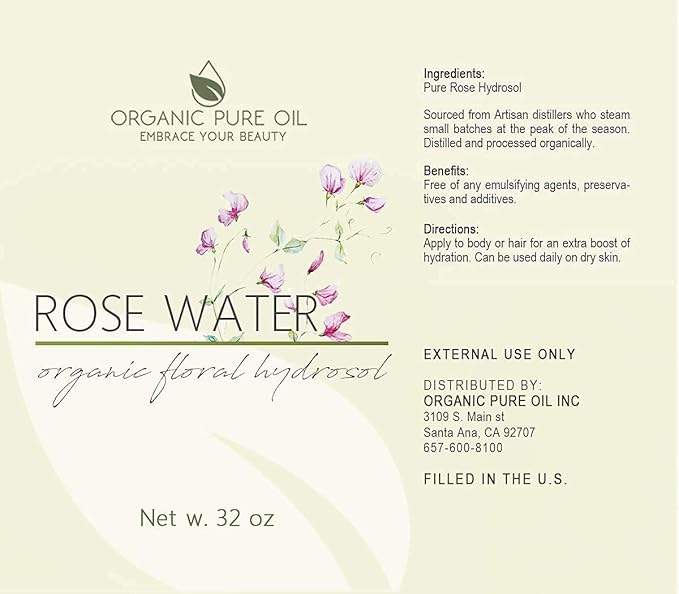 Rose Hydrosol Water - 32 oz - Pure Rose Hydrosol β Hydrating Face Toner Rose Water for Skin and Hair, Linen Spray for Sheets, Room Freshener, Body Spray by Organic Pure Oil - Packaging May Vary