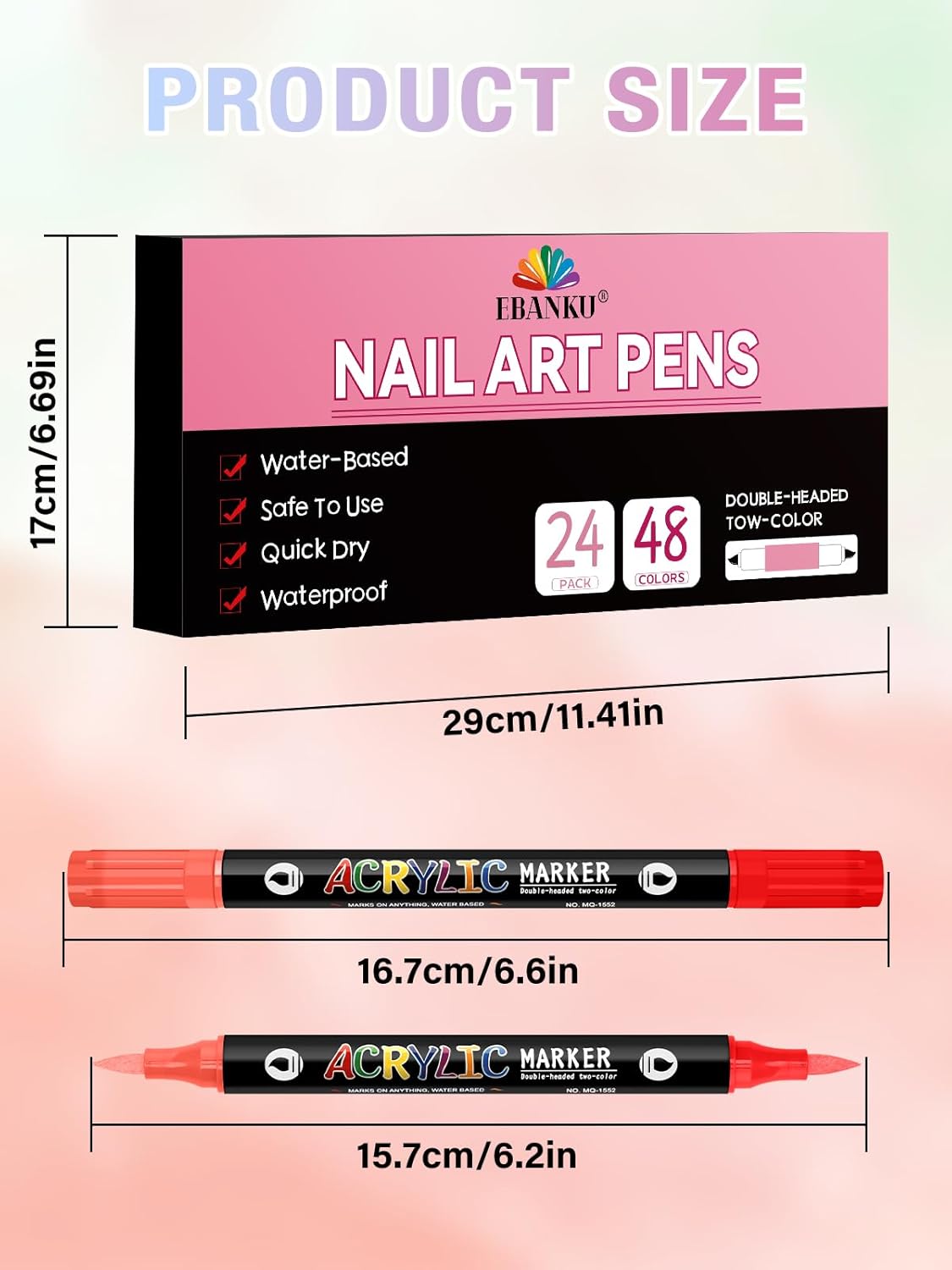 48 Colors Nail Art Pens Set 3D Acrylic Paint Nail Art Quick-Drying, EBANKU Nail Point Dotting Liner Pen Sets for Home & Salon Nail DIY, 24 Count Dual-Tip Nail Pens