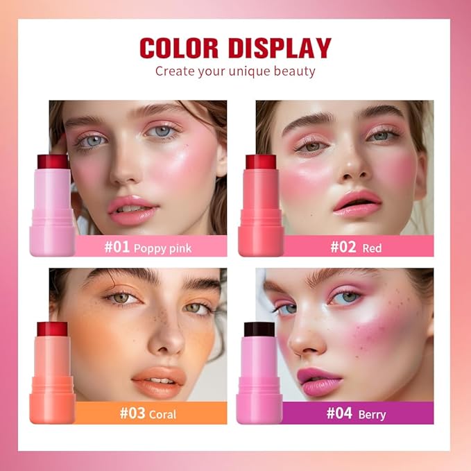 Multi-Use Cooling Water Jelly Blush/Lip Tint & Eye Shadow - Sheer Stain withBuildable Watercolor Finish - Long-Lasting Moisture - 1,000+ Swipes Per Stick - Jelly Texture for Lip & Cheek (Poppy Pink)