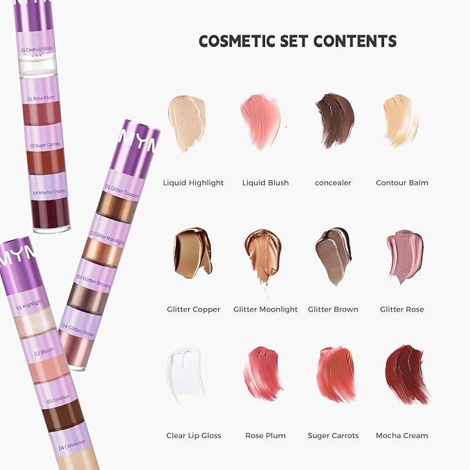 3 Pcs Cosmetic Sets 12 colors 4-Function cosmetic stick +Nonstick Raincoat Lip Gloss(3 colors+Clear Lip Gloss)+Liquid Eyeshadow in Four Colors Sets Waterproof