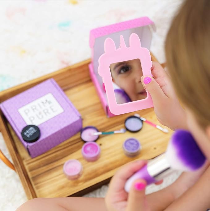 Prim and Pure Mineral Gift Set with Unicorn Mirror| Perfect for Play Dates & Birthday Parties | Kids Eyeshadow Makeup – Mineral Blush | Organic & Natural Makeup Kit for Kids| Made in USA (Blue)