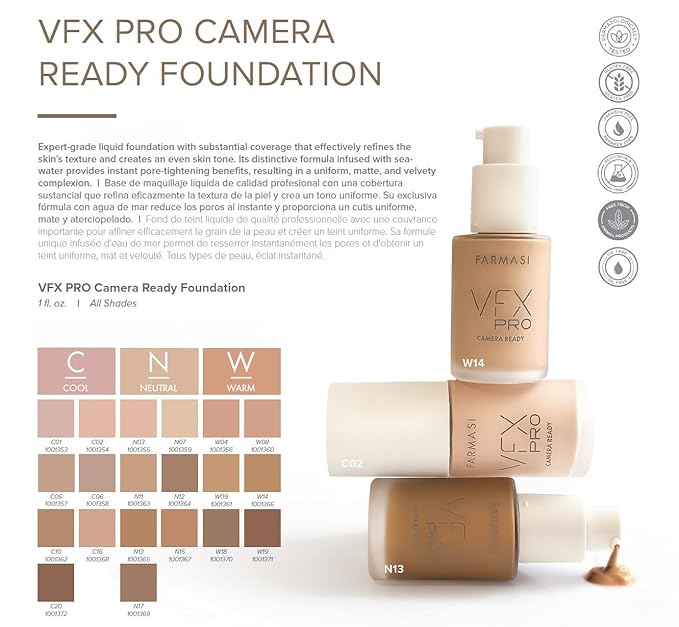 FARMASi Vfx Pro Foundation, Full Coverage Liquid Cream, Lightweight Long Lasting Coverage, Breathable Skin Moisturizer with Color True Matte Blending, Face Makeup, 1 fl. oz / 30 ml - Neutral Medium 13