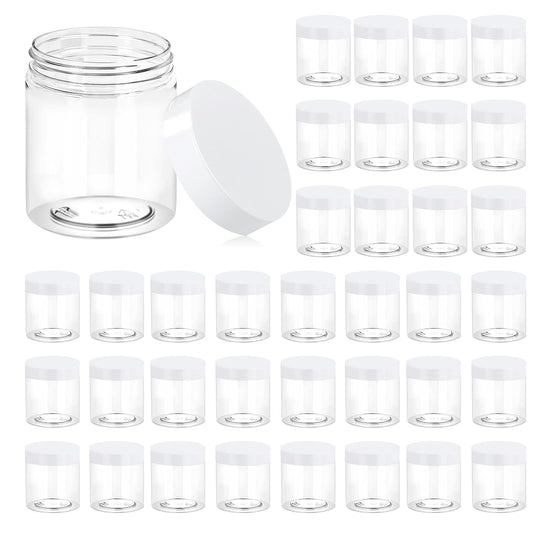 Eternal Moment 36 Pack 8 OZ Plastic Jars Round Clear Cosmetic Container Jars with White Lids, Perfect for Lotion, Slime,Cream, Ointments, Makeup, Eye Shadow, Samples, Pot, Travel Storage 