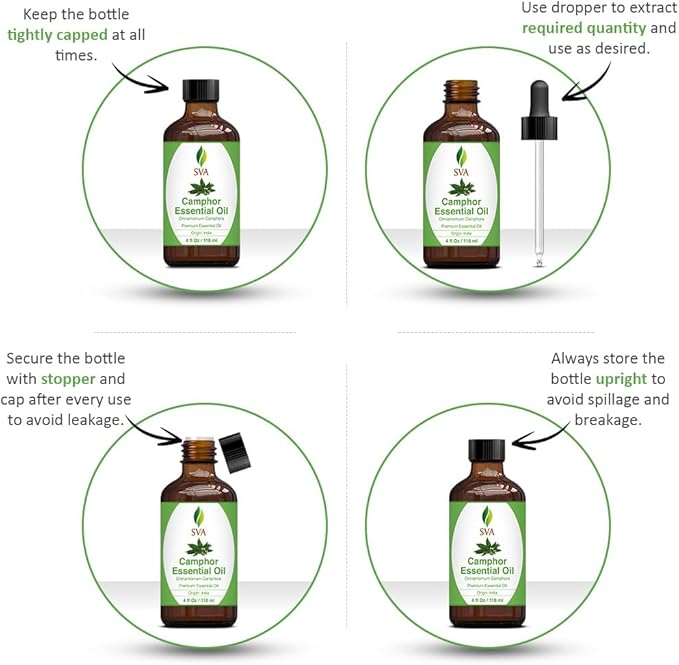 SVA Camphor Essential Oil – 4 Fl Oz – 100% Natural Camphor Oil - for Diffuser, Hair Care, Face, Skin Care, Aromatherapy, Scalp and Body Massage, Soap and Candle Making – with Dropper