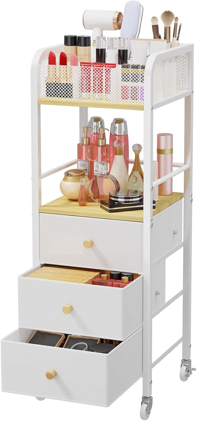 HapiRm Rolling Makeup Cart Organizer - Floor Skincare Make Up Storage with 3 Drawers, Vanity Organizer Cosmetic Display Cases Holder for Skin Care Perfume Nail Polish Brush Hair Tool
