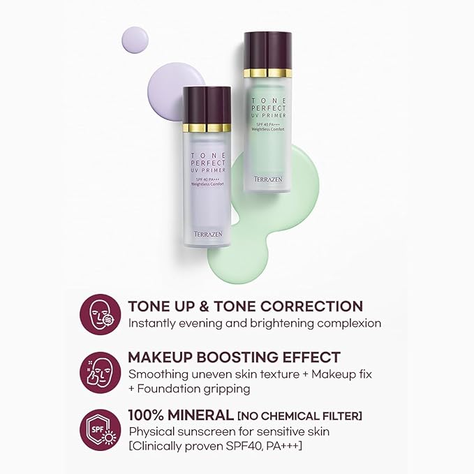 Korean Face Primer 30ml - Korean Makeup & Skincare Lightweight Corrector Base SPF40 PURPLE - Reduces Dullness, Moisturizes for Red, Sensitive Skin witj Aloe (Primer - Purple Tinted)