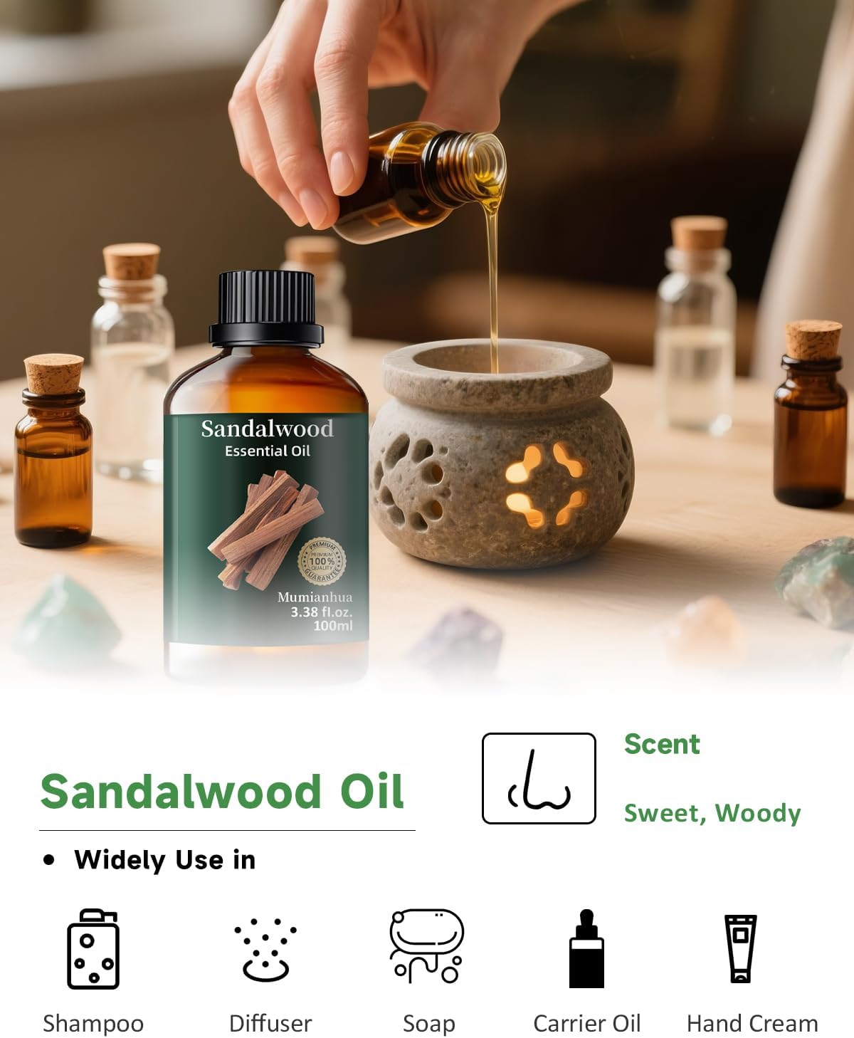 Sandalwood Essential Oil Pure,Mumianhua Natural Sandalwood Oil Undiluted Therapeutic Grade Aromatherapy Oil for Diffuser, Skin, Hair, Massage, Candle & Soap Making 3.38 Fl Oz