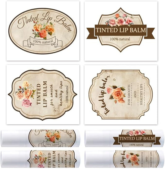OLYCRAFT 100Pcs Self-Adhesive Lip Balm Tag Stickers 1.7x2.1 inch Vintage Flower Waterproof Adhesive Label with Word Lipstick Tag Sticker for Lip Balm Container Tubes Lipstick Wrapping Decoration