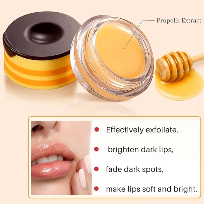 Bee Lip Balm Honey Pot, Strawberry & Honey Moisturizing Propolis Lip Mask, Hydrating & Prevention Dry and Cracked Lip Scrubs Exfoliator, Reduces Lip Lines (2Pcs Yellow)