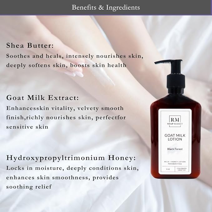 Goat Milk Lotion, Black Forest Fragrance, Hydrating Lotion for Men and Women, Infused With Nourishing Goat Milk, Shea Butter, Sunflower Oil, and Aloe, Soft Amber & Tobacco Scent, 9 Oz