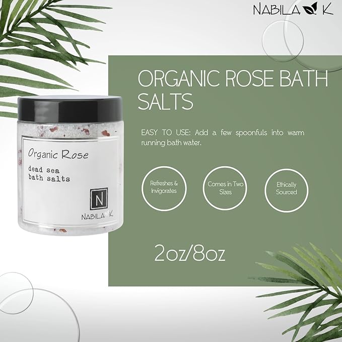 Organic Rose Bath Salts by Nabila K - Dead Sea Salt & Epsom Salt Scrub & Soak - Exfoliates & Hydrates Skin, Botanical Essential Oils - Bubble Bath Accessories for All Skins Types, 2 oz