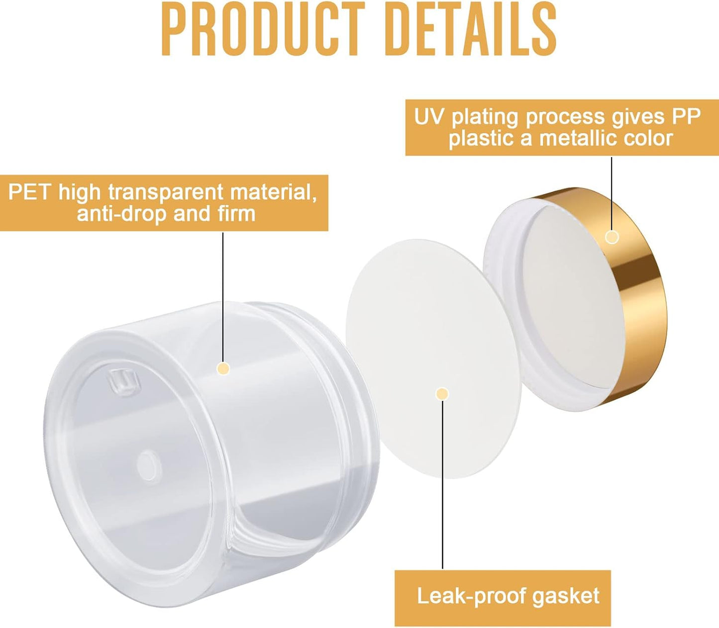 SATINIOR 100 Pcs Plastic Jars with Lids Small Containers Lids Wide Mouth Small Plastic Containers for Lotion Cream Rhinestones Body Butters Travel Storage(1 oz,Gold)