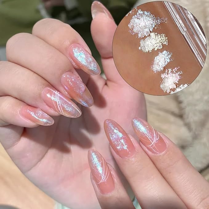 Iridescent Nail Glitter Set, 6 Colors Mud Texture Aurora Chrome Powder, Pink Blue Pearlescent Glitter, Chameleon Nail Flakes Gold Leaf, Holographic Manicure Decor