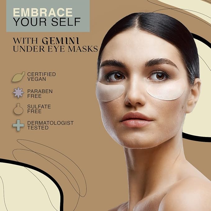 Gemini Under Eye Patches for puffy eyes, dark circles, under eye bags and wrinkles - 5 pairs biocellulose under eye masks for personal care - Certified Vegan