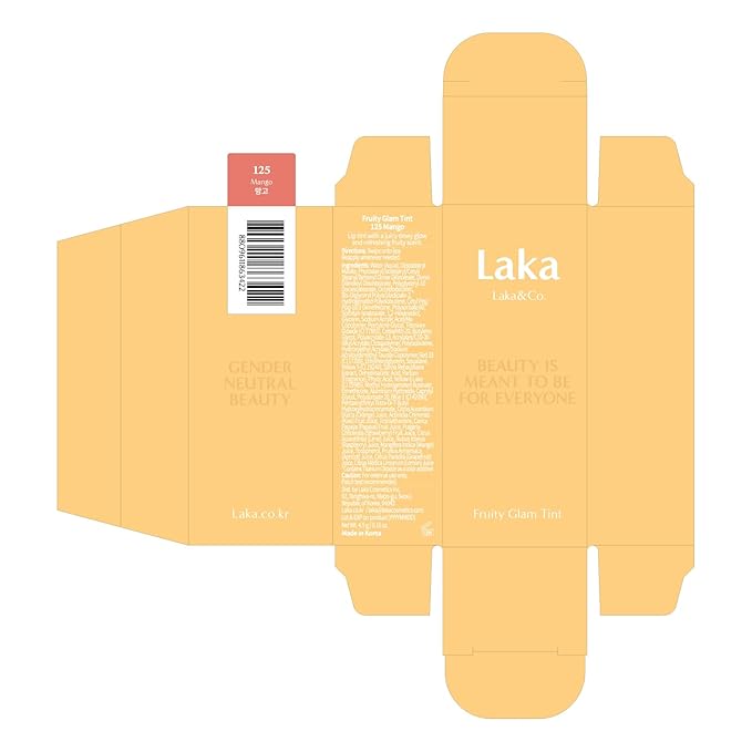 Laka Fruity Glam Tint, 4.5g/0.15 oz., Glowing Lip Stain with Wide Color Spectrum, Hydrating & Lightweight Texture, Long-Lasting Bold Stain, Non-Sticky, Vegan, K-Beauty (#125 Mango)