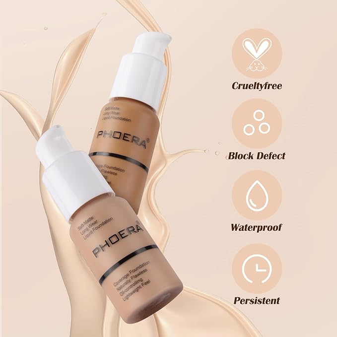 PHOERA Foundation Makeup Naturally Liquid Foundation Full Coverage Mattle Oil-Control Concealer 8 Colors Optional,Great Choice For Gift(#107 Honey,30ml)