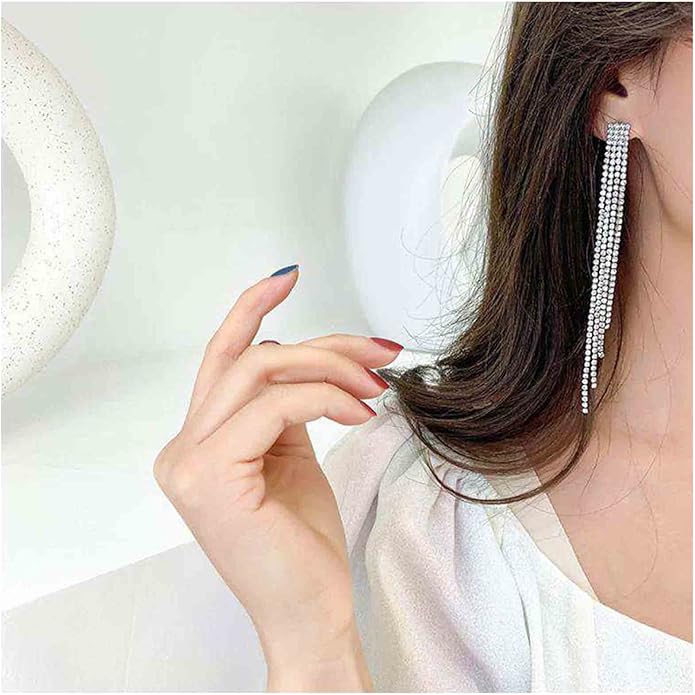 Boho Rhinestone Tassel Earrings Long Fringe Drop Dangle Earrings Silver Crystal Chain Tassel Earrings Vintage Chandelier Chain Studs Earrings Luxury Statement Earrings Jewelry for Women and Girls Gifts