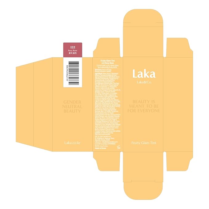 Laka Fruity Glam Tint, 4.5g/0.15 oz., Glowing Lip Stain with Wide Color Spectrum, Hydrating & Lightweight Texture, Long-Lasting Bold Stain, Non-Sticky, Vegan, K-Beauty (#122 Rosy Rose)