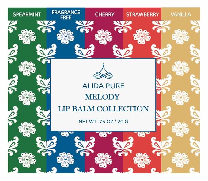 Melody Lip Balm Collection, Vegan Lip Balm Set, Beeswax Free, with Avocado Oil, Organic Jojoba Oil, and Vitamin E, Natural Moisturizer for Dry, Chapped Lips, 5 Tube Set