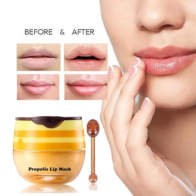 3Pcs Honey Lip Balm Honey Pot, Strawberry& Apple Lime Lip Mask Overnight Propolis Moisturizing Lip Balm Hydrating Prevention Dry and Crack Lip Scrubs Exfoliator, Beeswax with Vitamin E