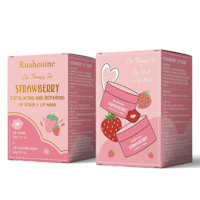 Strawberry Lip Scrub And Mask Set, Sugar Exfoliator Lip Scrub For Dark Lips To Lighten, Lip Care Kit, Sleeping Lip Mask, 1.4 oz / 2-piece