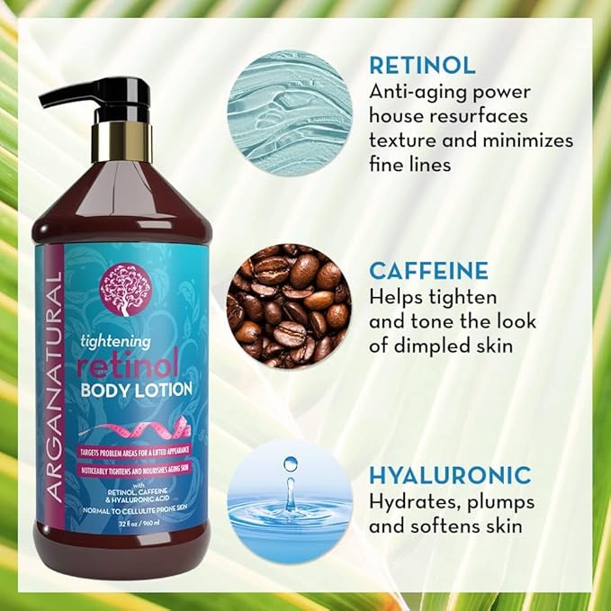 Arganatural Retinol Body Lotion with Vitamin E & Collagen – Skin Firming, Skin tightening, and Anti-Aging Cream. All in One Body Lotion for Women.