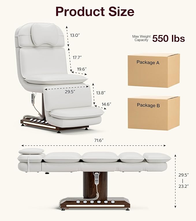 VARONXE Fully Electric Massage Table w/3 Motors, Professional Angle and Height Adjustable Spa Bed Facial Chair, Motorized Esthetician Bed Treatment Table for Beauty Salon, White