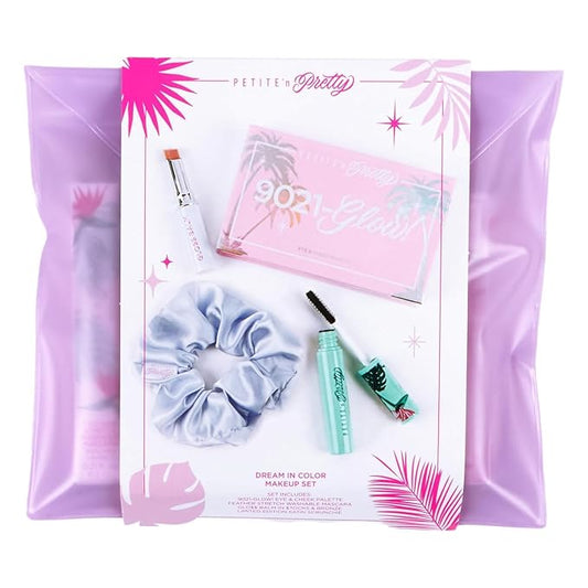 Petite βN Pretty Dream in Color Makeup Set for Kids, Teens, Tweens - 3-in-1 Eye & Cheek Palette (Blush, Eyeshadow, Highlighter) with Brush, Lip Gloss Balm, Feather Stretch Mascara & Satin Scrunchie