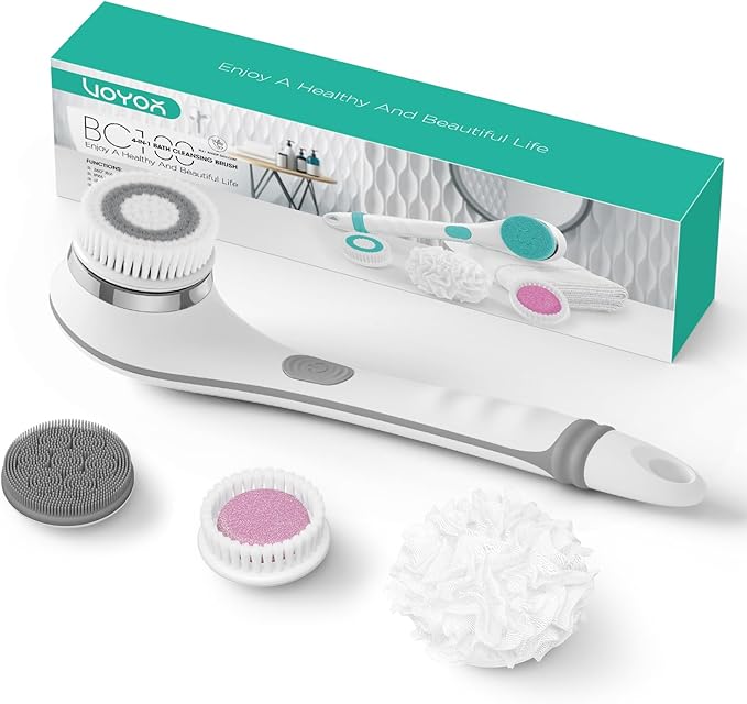 VOYOR Electric Body Brush Back Scrubber for Shower Rechargeable Exfoliating Bath Brush Powered Shower Brush with Non-Slip Long Handle Deep Cleansing, Exfoliation, Massaging Spin Brush BC100 (Gery)