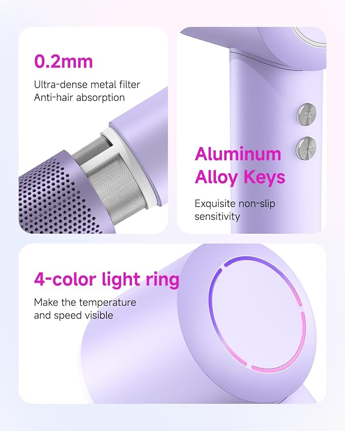 Hair Dryer with Comb & Diffuser Attachment for Curly Hair, PLUZZ 200M Negative Ionic Blow Dryer Brush, High-Speed Brushless Motor Hairdryer Fast, Portable Travel Hair Dryers Quiet, Women/Men/Kids
