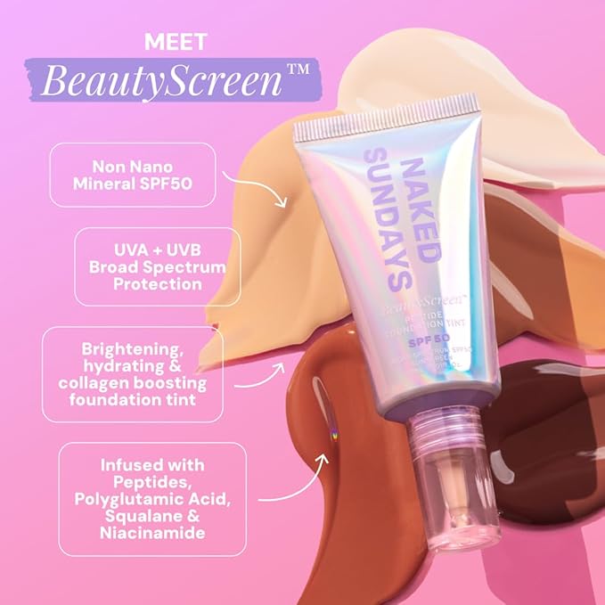 Naked Sundays BeautyScreen™ SPF 50 Mineral Peptide Foundation Tint – 2-in-1 Skin Tint & Mineral Sunscreen | Radiant, Buildable Coverage, Acne-Safe, Infused with Peptides (1.5 Fair Cool, 1.01 Fl Oz)